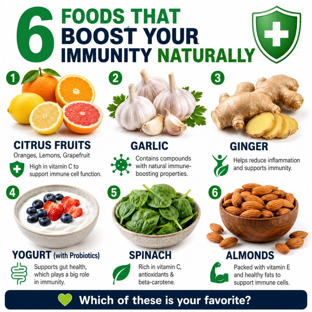 An infographic titled 6 FOODS THAT BOOST YOUR IMMUNITY NATURALLY showing six distinct food items like citrus fruits garl