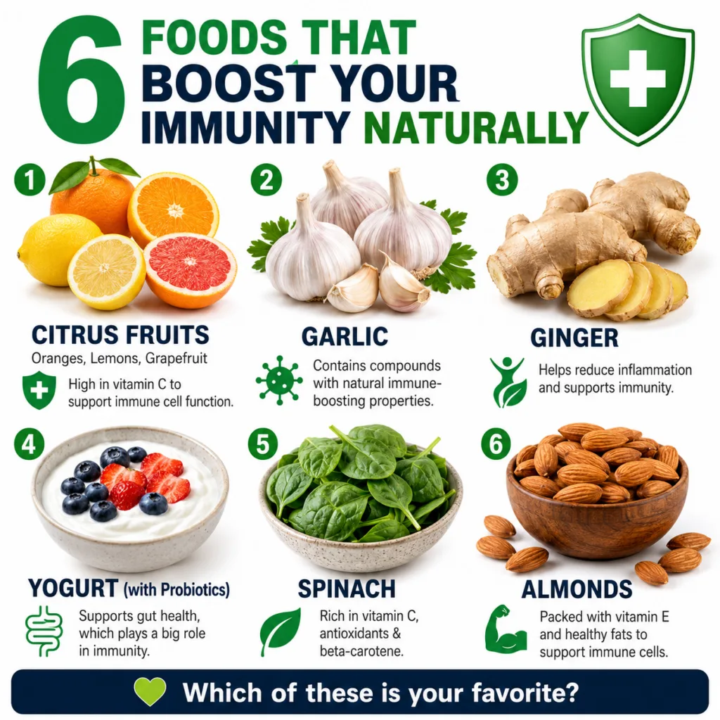 An infographic titled 6 FOODS THAT BOOST YOUR IMMUNITY NATURALLY showing six distinct food items like citrus fruits garl