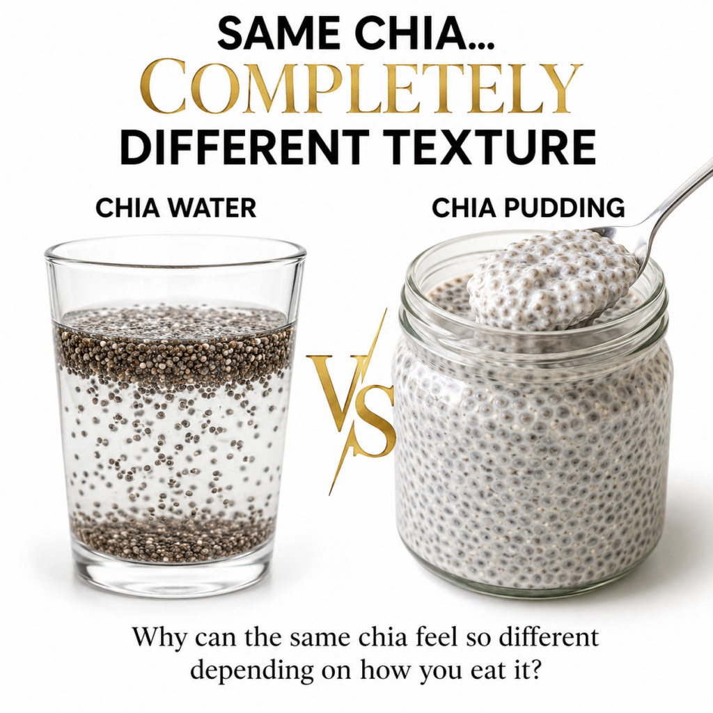 A split image comparing a glass of chia water on the left with a jar of chia pudding on the right separated by a VS symb