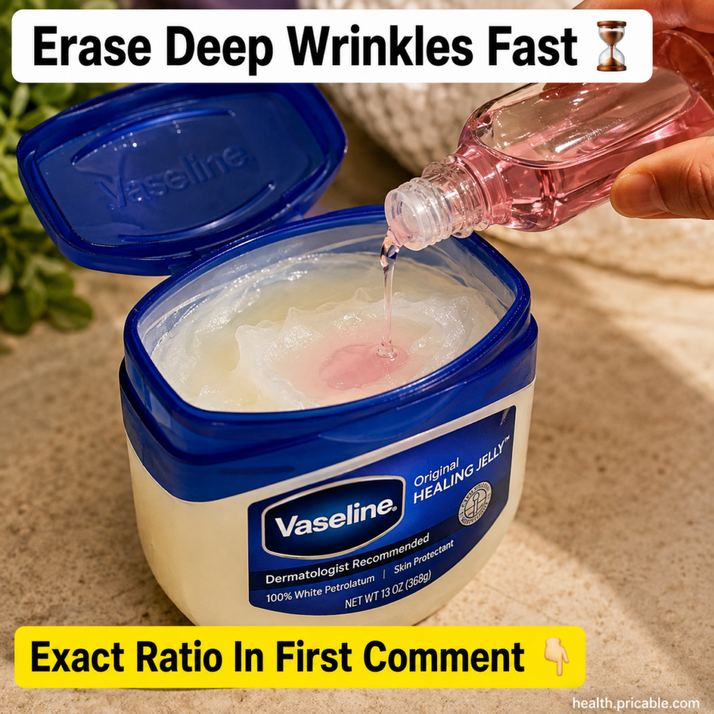A hand pouring a clear light pink liquid from a small bottle into a jar of Vaseline creating a pink pool The background 