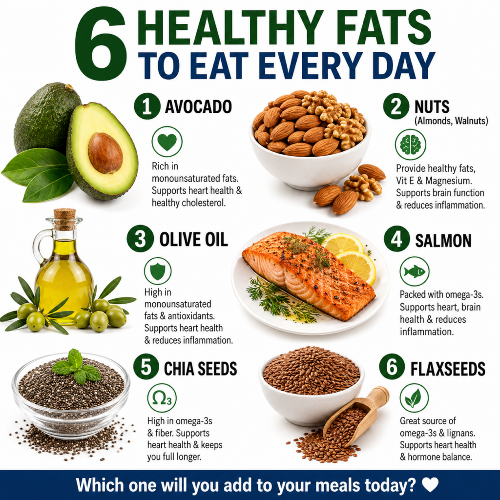 An infographic showing 6 healthy fats Avocado Nuts Almonds Walnuts Olive Oil Salmon Chia Seeds and Flaxseeds each with a