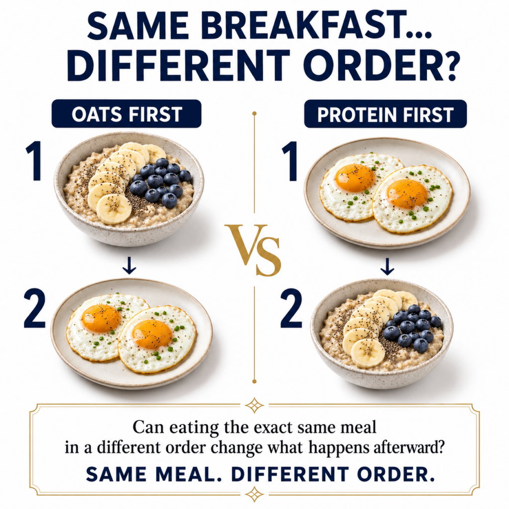 A split image showing two breakfast plates side-by-side The left plate shows oatmeal with banana blueberries and chia se
