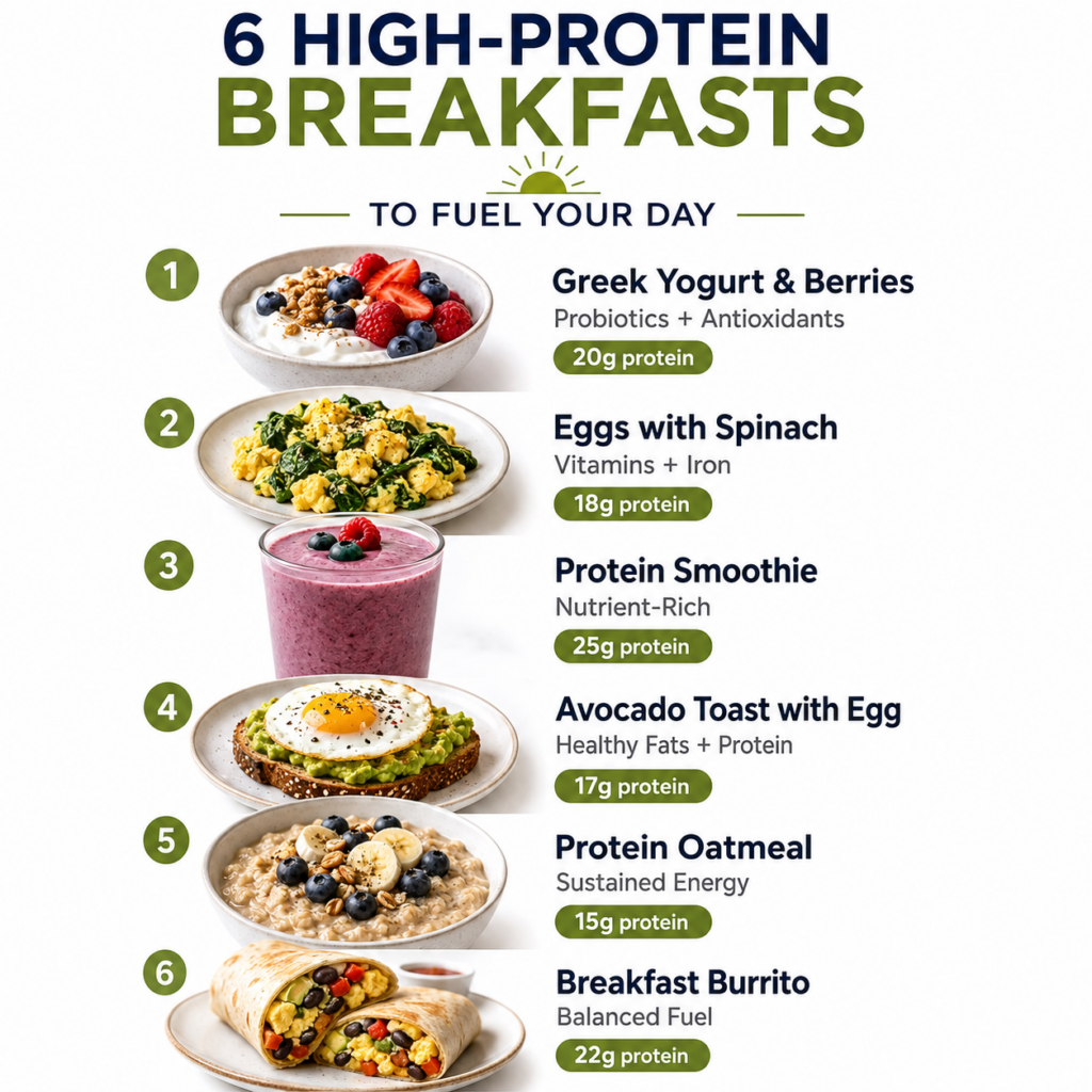 An infographic titled 6 HIGH-PROTEIN BREAKFASTS TO FUEL YOUR DAY showcasing six different breakfast options with descrip