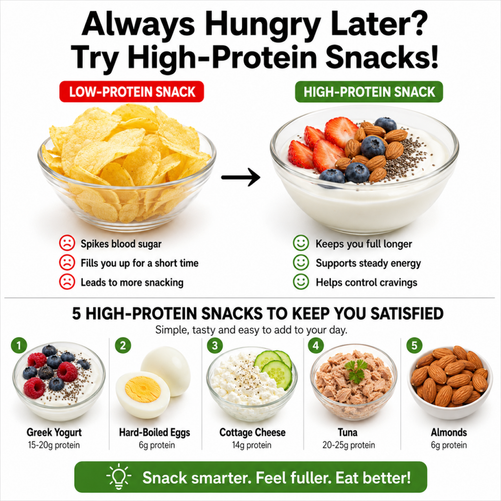 A visual comparison showing a bowl of potato chips labeled low-protein snack with negative attributes spikes blood sugar