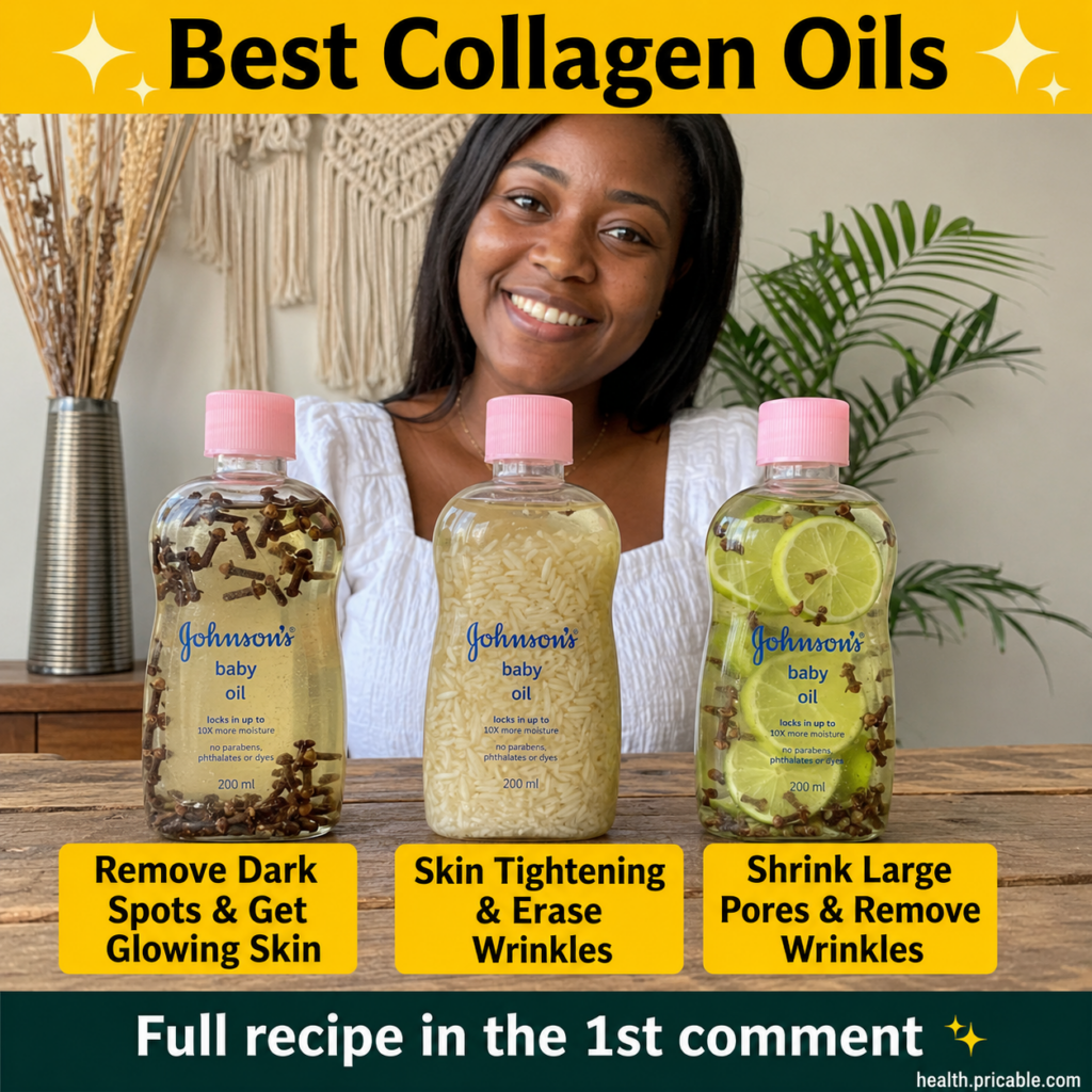 A woman smiling behind three clear glass bottles on a rustic wooden surface each bottle containing Johnson s Baby Oil in