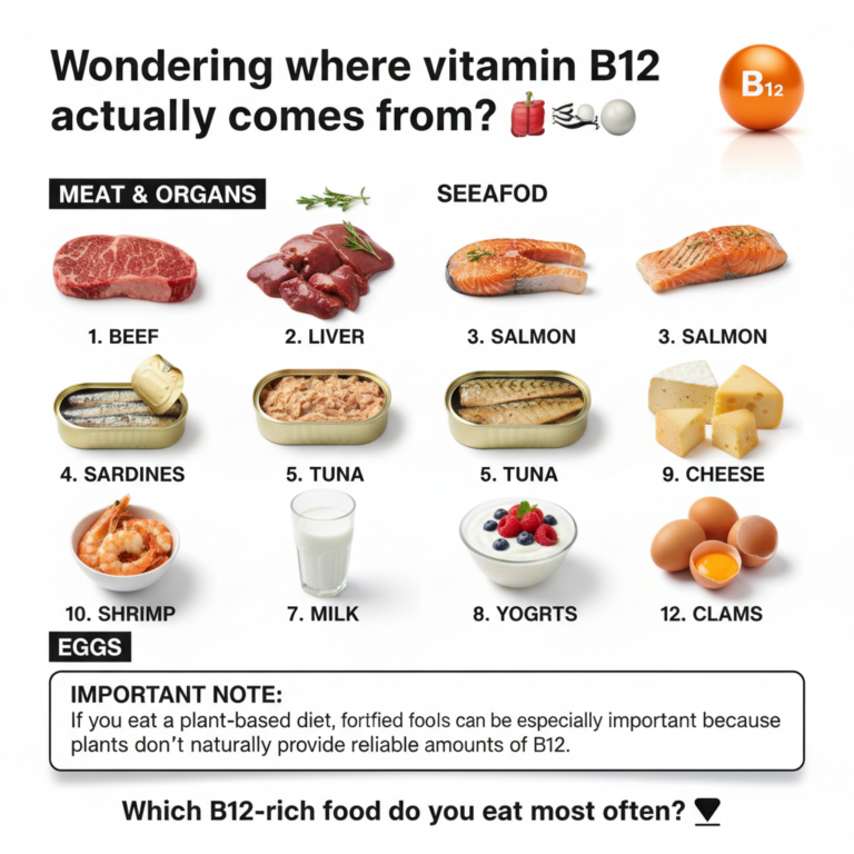 An infographic-style collection of Vitamin B12 rich foods including beef liver beef chicken salmon canned tuna milk yogu
