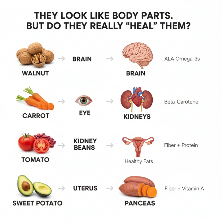 Infographic showing various foods walnuts carrots kidney beans avocado sweet potato and the body parts they resemble alo