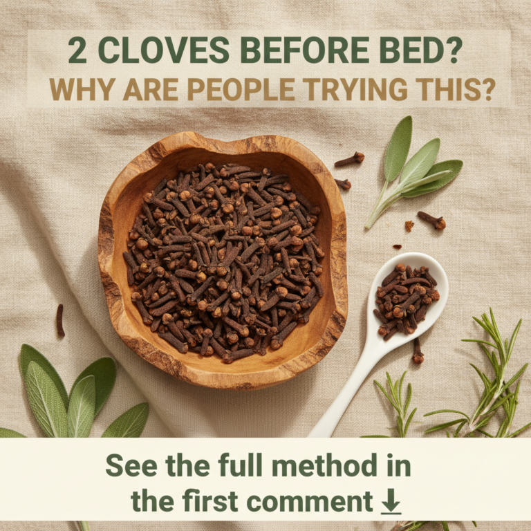 An overhead flat lay of a rustic olive wood bowl filled with dried cloves a small white ceramic spoon with cloves scatte