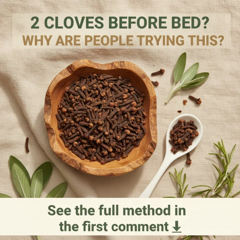 An overhead flat lay of a rustic olive wood bowl filled with dried cloves a small white ceramic spoon with cloves scatte