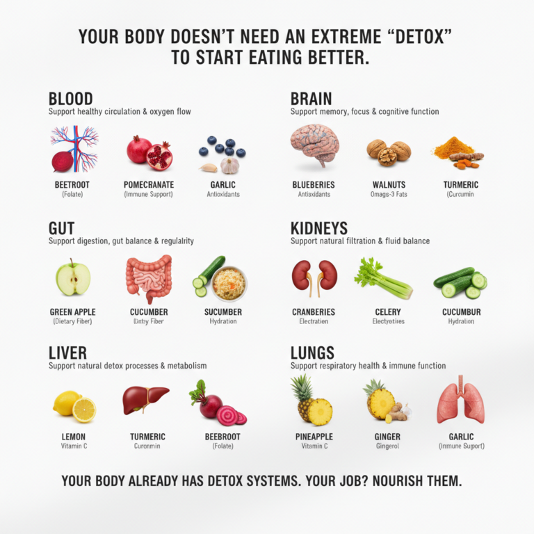 An infographic showing different body systems Blood Brain Gut Kidneys Liver Lungs with corresponding foods and their ben