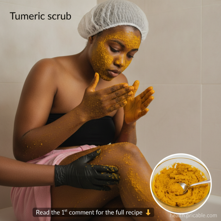 A woman applying a yellow turmeric scrub to her face and arm with a gloved hand assisting on her leg She wears a shower