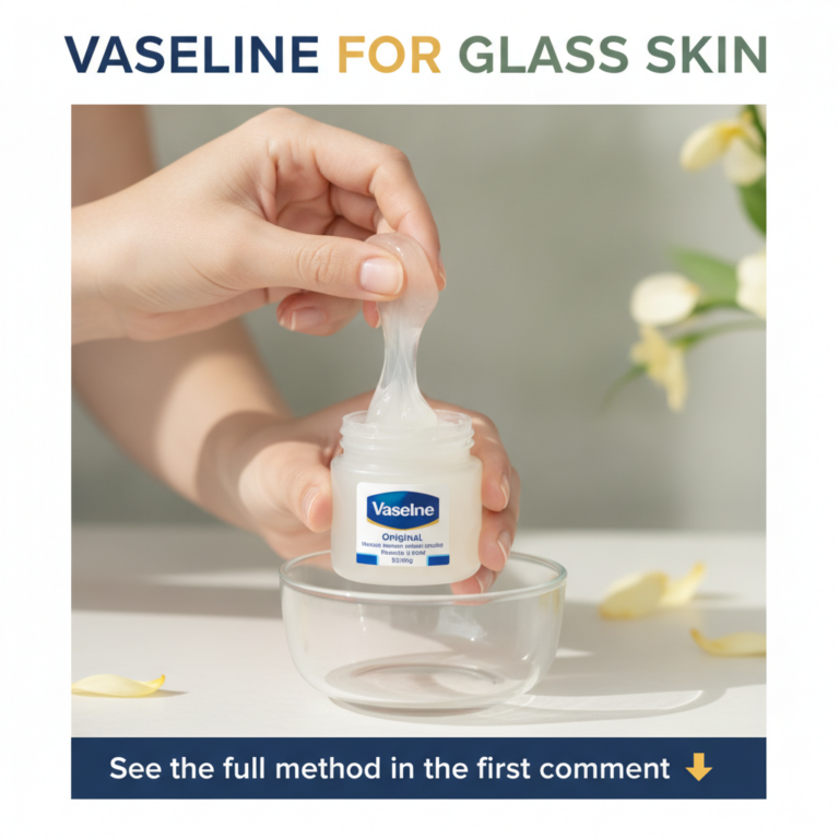 Hands holding a jar of Vaseline pulling a stringy amount from it with a clear bowl below and text overlay VASELINE FOR G