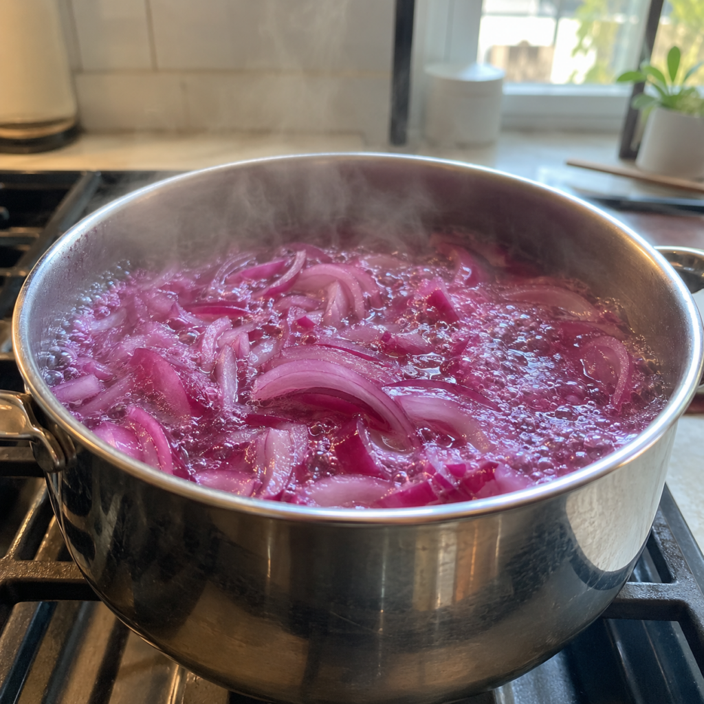 Close-up high-angle view of sliced red onions vigorously boiling in a large stainless steel pot on a gas stove The water