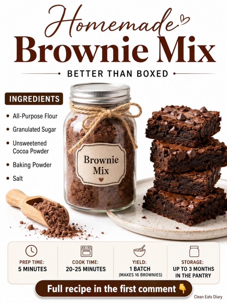 A clear mason jar labeled Brownie Mix filled with dry ingredients next to a stack of fudgy brownies topped with chocolat