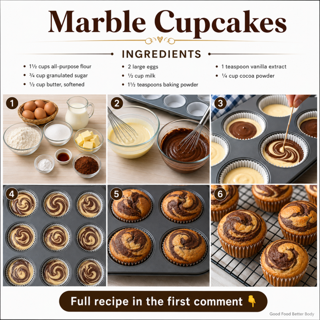A perfectly baked marble cupcake showing clear swirls of chocolate and vanilla batter with a golden-brown top on a cooli