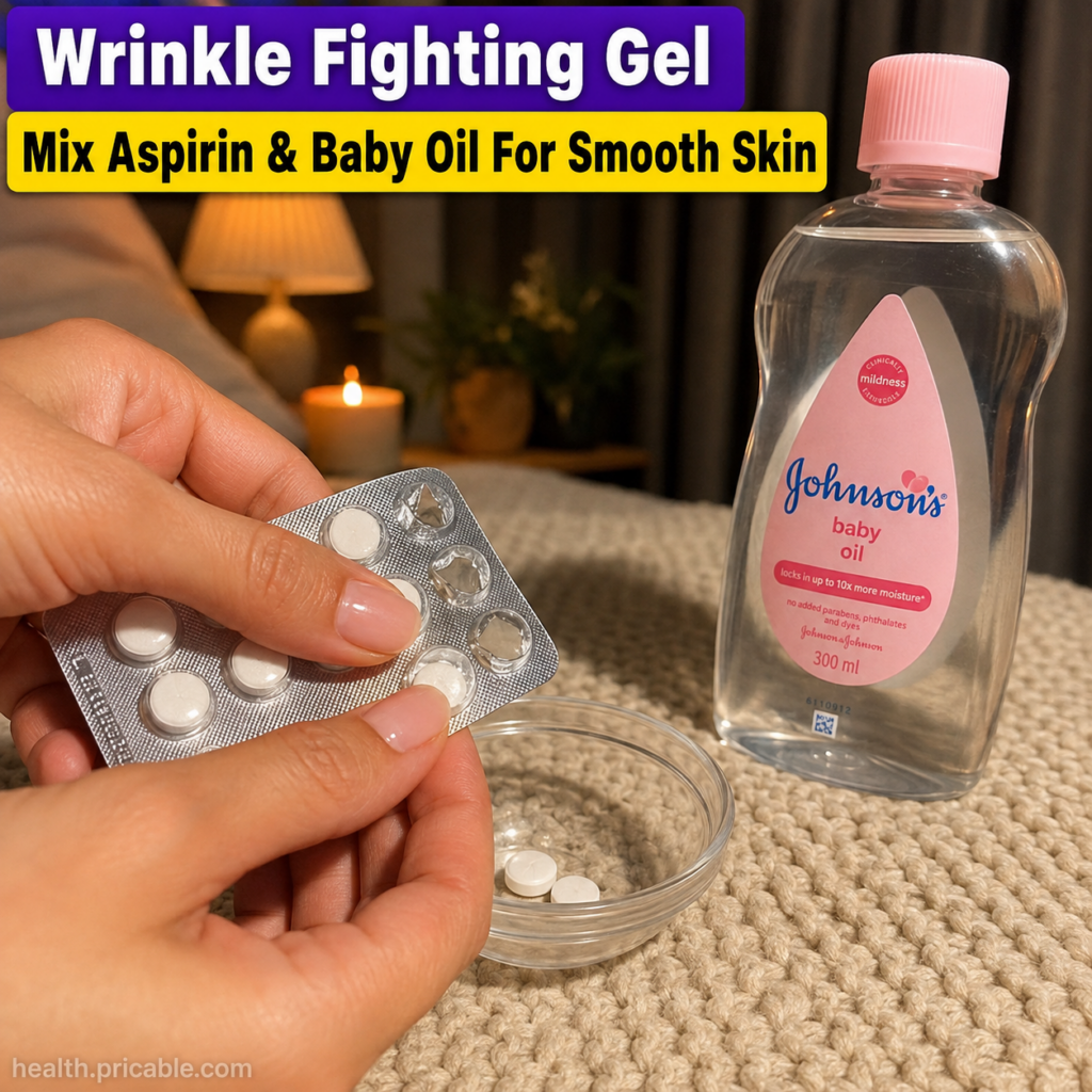 Hands dropping white aspirin tablets from a blister pack into a small clear glass bowl next to a bottle of baby oil on a