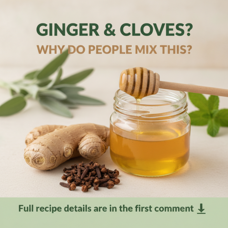 A flat lay composition of ginger whole cloves and a jar of honey with a dipper set against a light background with green