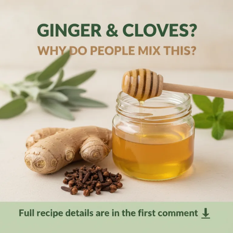A flat lay composition of ginger whole cloves and a jar of honey with a dipper set against a light background with green