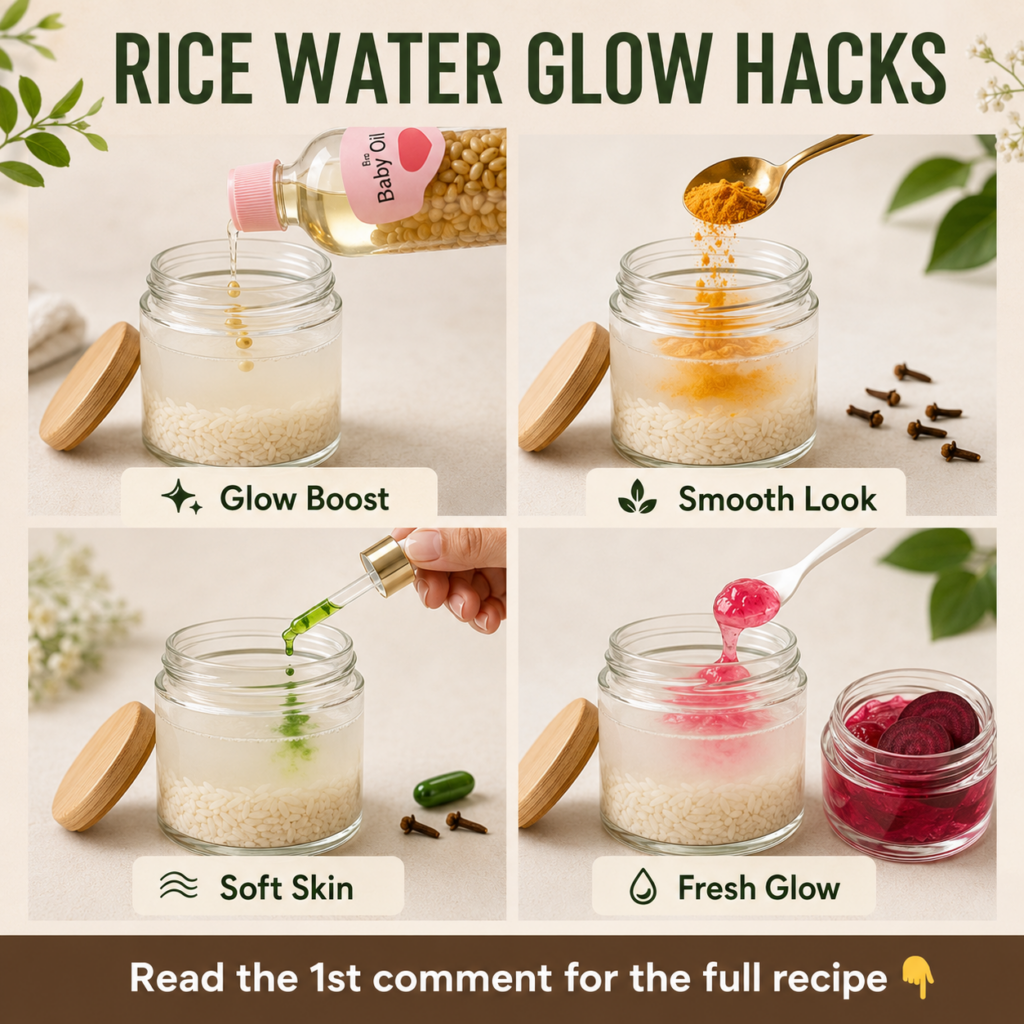 A 2x2 grid composite image showing four glass jars with rice water each having a different ingredient added baby oil for