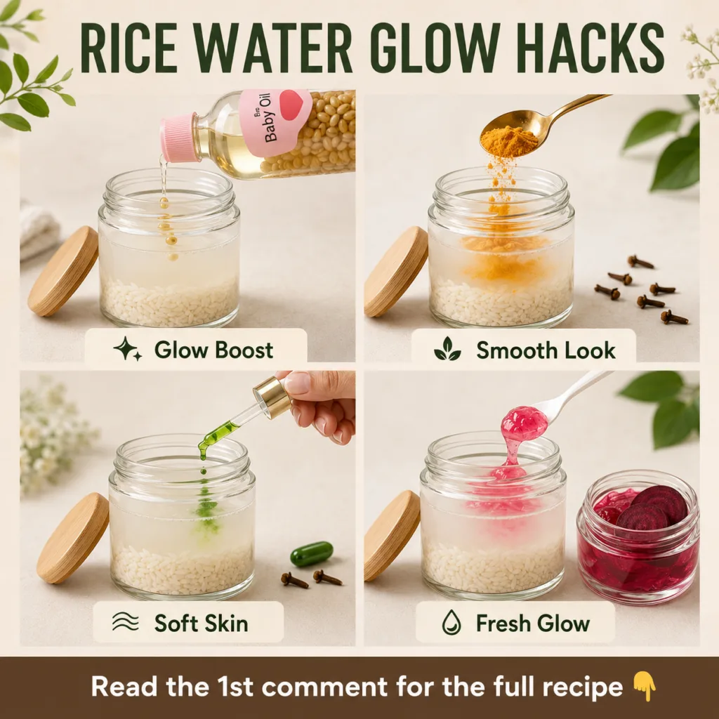 A grid of four DIY rice water beauty hacks Each panel shows a clear glass jar with rice and water and an additional ingr