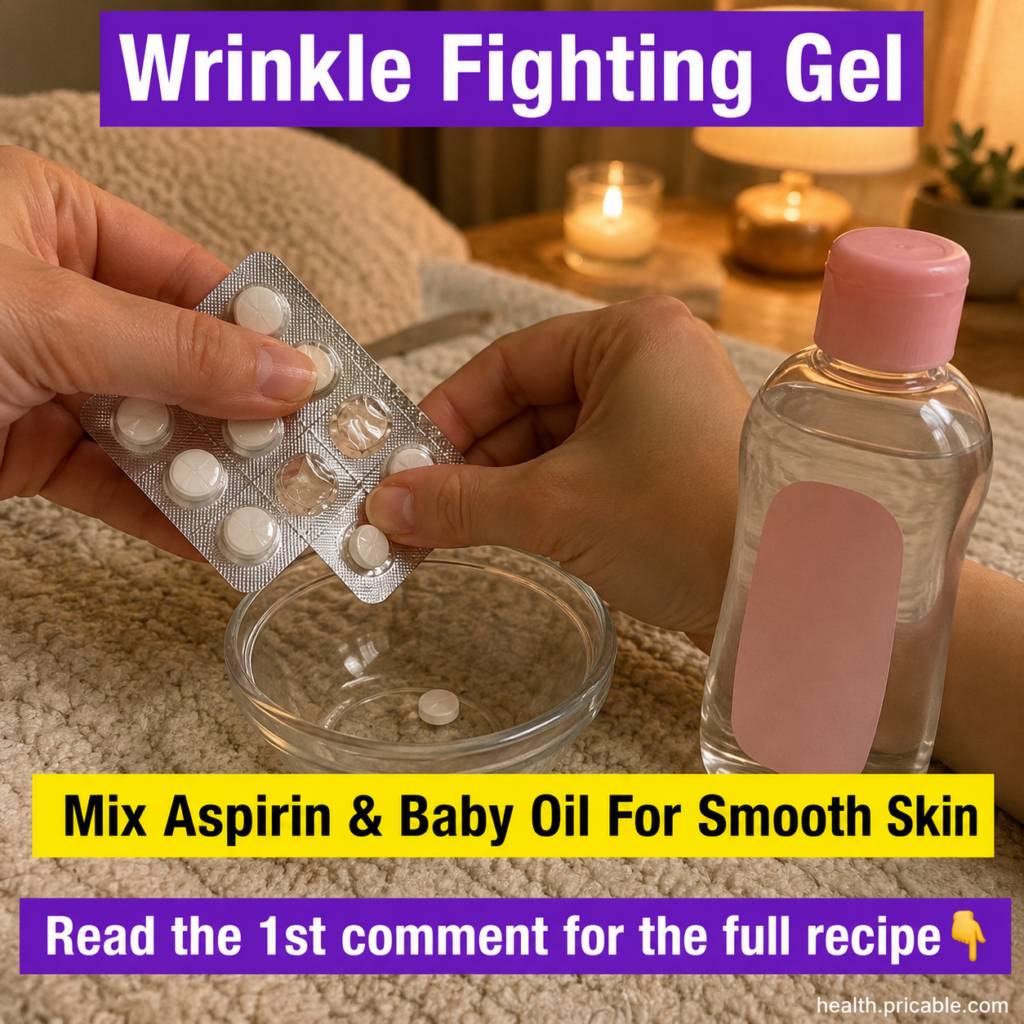 Hands mixing crushed aspirin tablets with baby oil in a small glass bowl on a light-colored surface