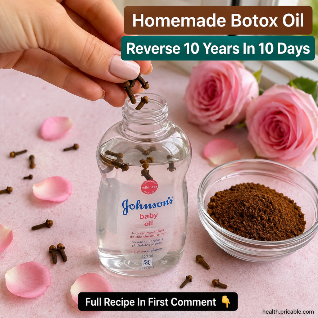 A clear bottle of baby oil with whole cloves being dropped into it surrounded by scattered whole cloves and pink rose pe