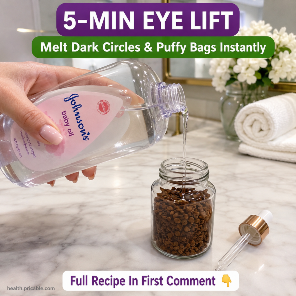 A hand pouring clear baby oil from its iconic pink-labeled bottle into a small glass jar filled with dark brown coffee g