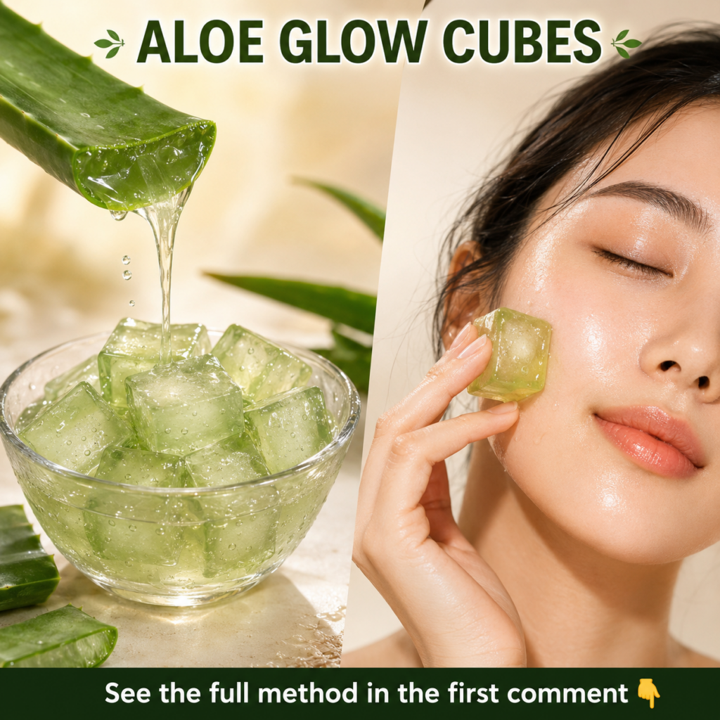 A split-screen image showing on the left fresh aloe vera gel dripping from a leaf into a bowl with green aloe ice cubes 