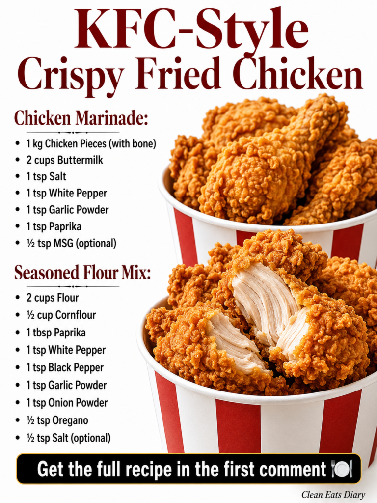 A bucket overflowing with golden-brown crispy fried chicken pieces similar to KFC style with one piece broken open to sh