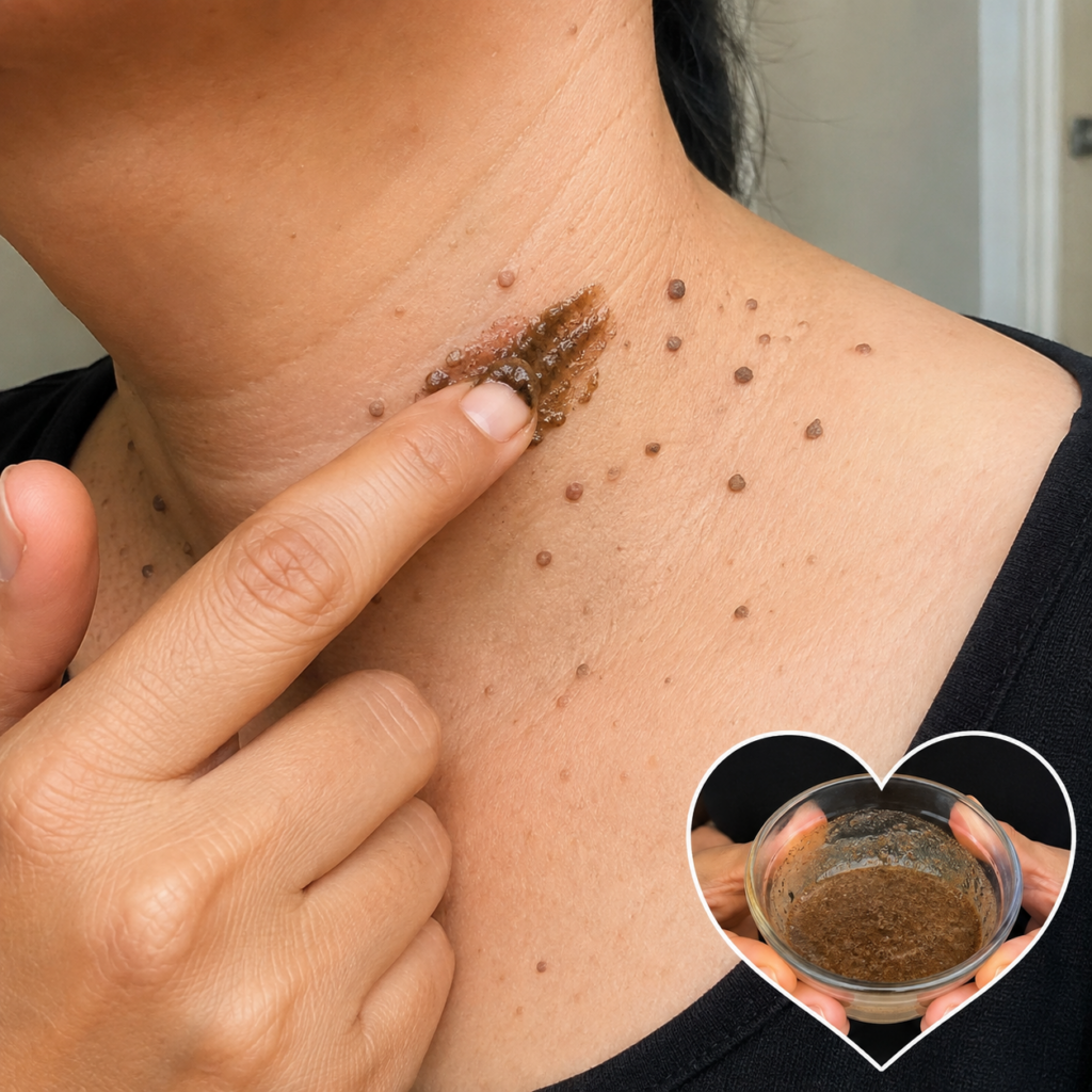 A close-up of a person applying a dark granular paste to skin tags on their neck with an inset showing the ingredients i