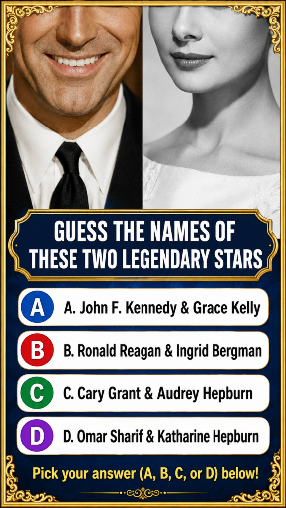 Quiz image featuring the lower half of two celebrity faces framed by a golden border with the question GUESS THE NAMES O
