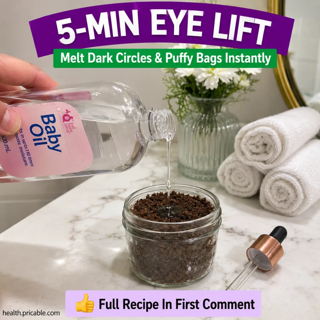 A hand pouring clear baby oil from a bottle into a small glass jar filled with dark brown coffee grounds on a clean bath