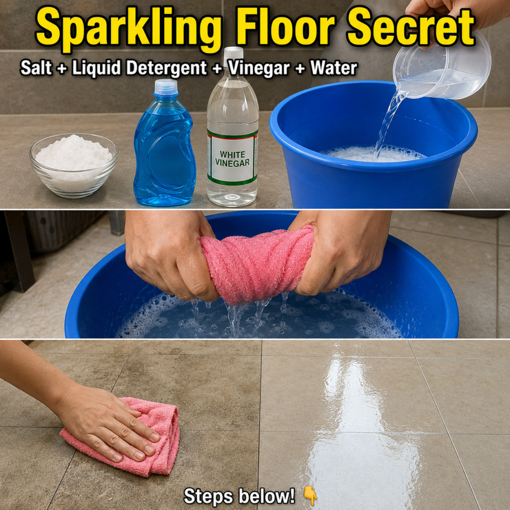 A three-panel composite showing ingredients mixing the solution and before after of floor cleaning