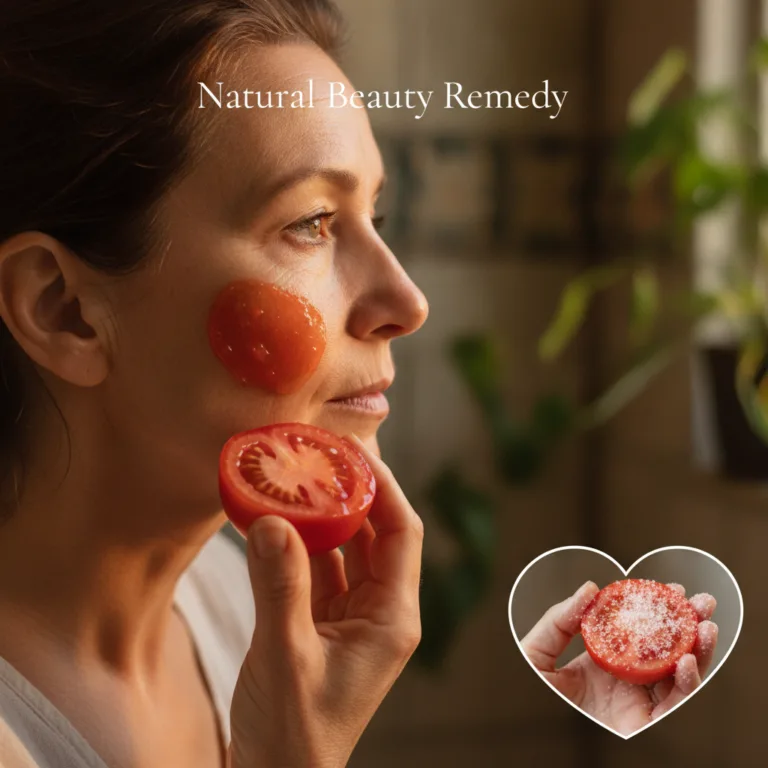 A woman gently applying a tomato and sugar scrub to her cheek with a fresh tomato half in hand The scene is calm and foc
