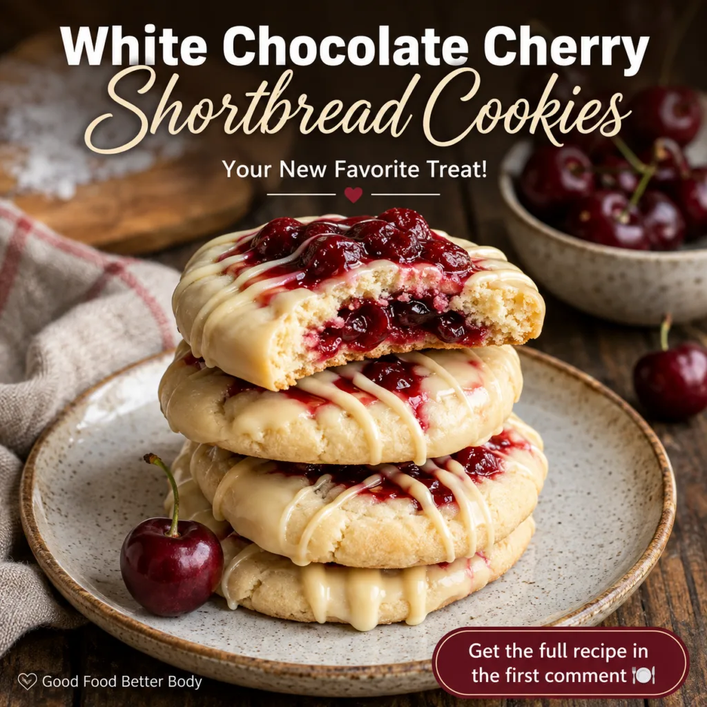 A stack of three White Chocolate Cherry Shortbread Cookies on a speckled ceramic plate with one cookie having a bite tak