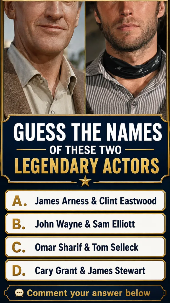 A quiz image showing two male actors lower faces mouth chin neck framed in gold on the top half The left actor is older 