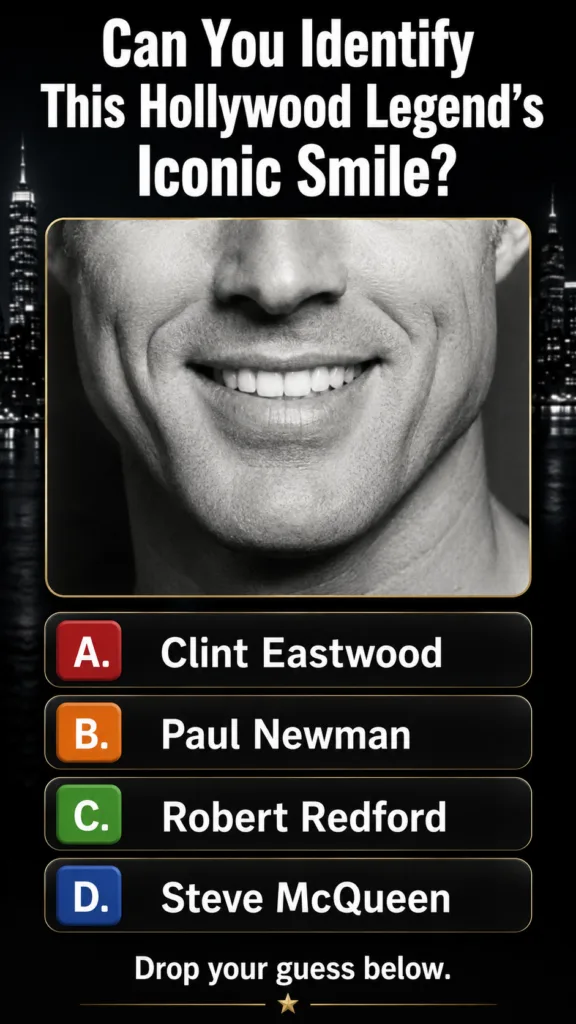 Close-up of a man s lower face mouth and chin featuring a distinct famous smile framed by a thin gold border against a d