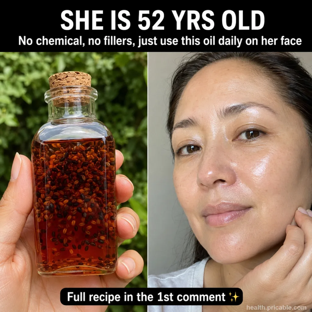 A split image showing a hand holding a corked glass bottle filled with amber oil and botanical seeds next to a close-up 