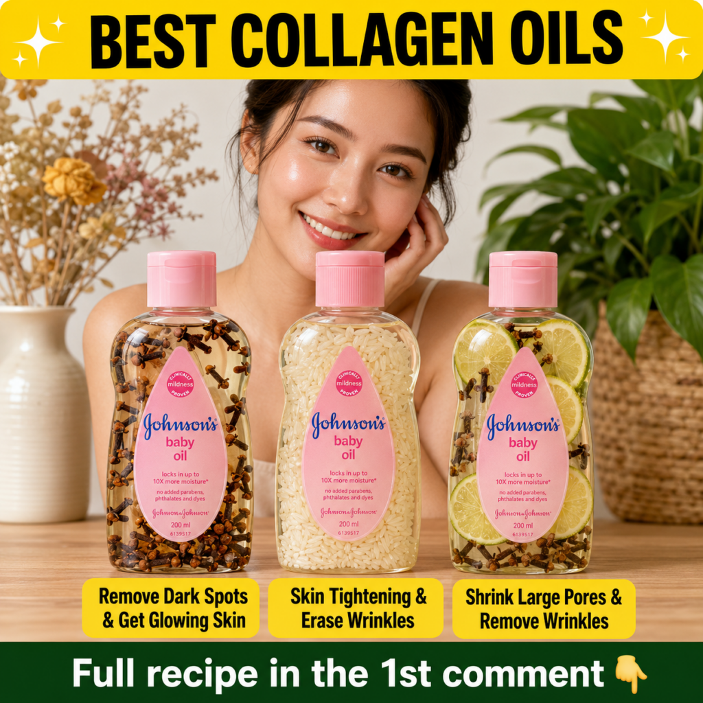 A smiling woman with clear radiant skin behind three clear glass bottles of infused oils The bottles contain one with cl