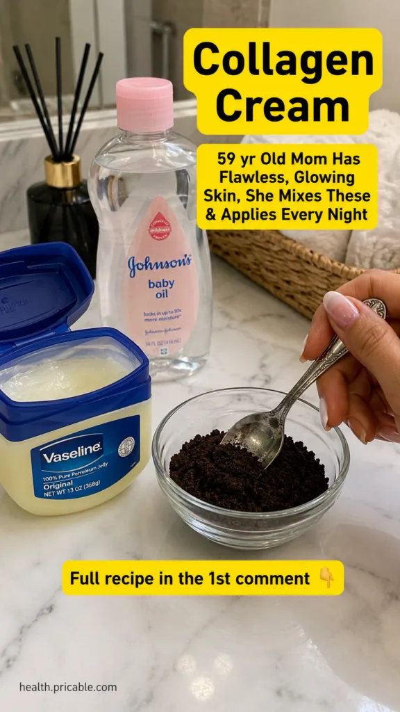 A flat lay of a jar of Vaseline a bottle of baby oil and a small bowl of coffee grounds on a marble countertop