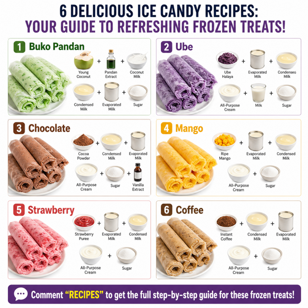 A vibrant spread of six different ice candy flavors Buko Pandan Ube Chocolate Mango Strawberry Coffee neatly arranged ea