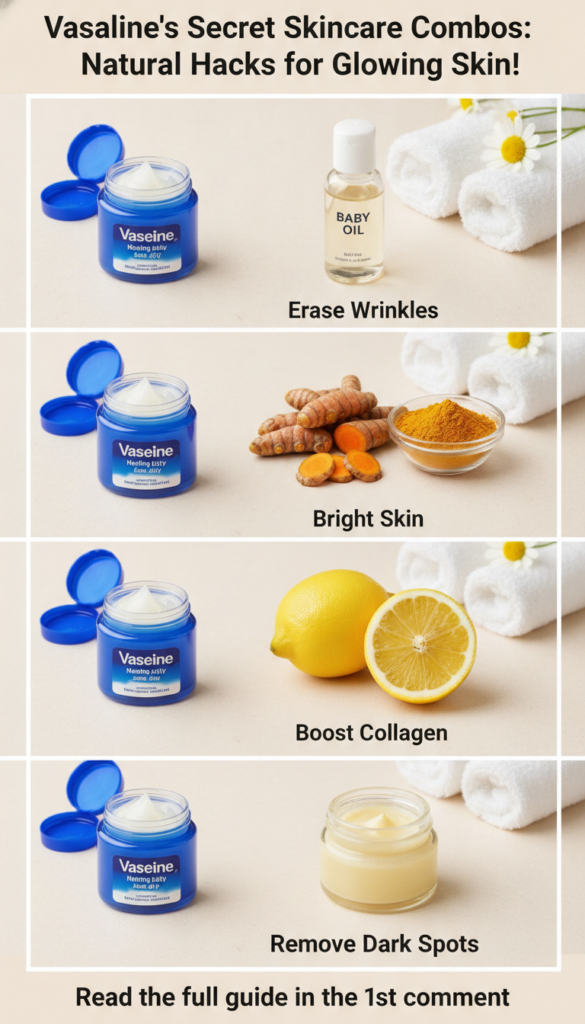 A visually structured guide showing four different skincare combinations Each section displays a jar of Vaseline Healing