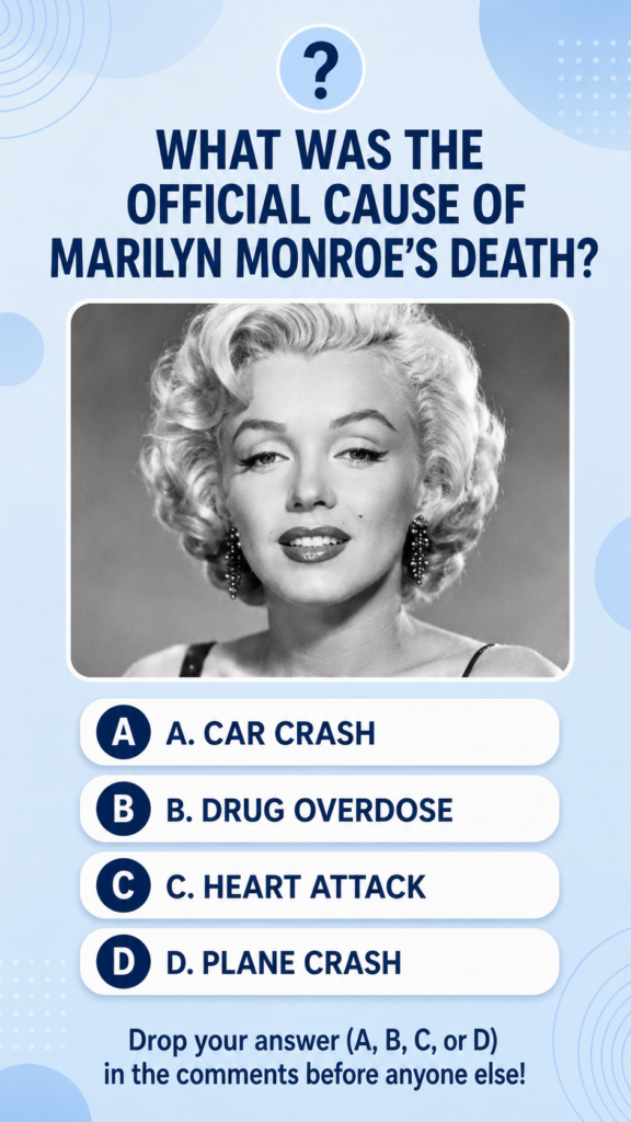 A digital quiz graphic featuring a black and white portrait of Marilyn Monroe with the question WHAT WAS THE OFFICIAL CA