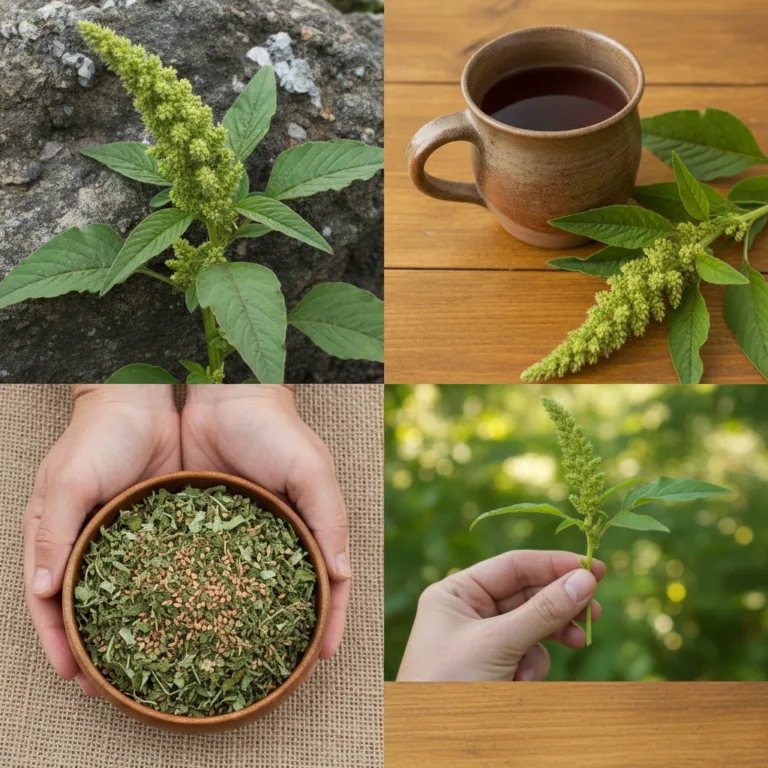 A four-panel collage featuring various aspects of the Amaranth plant a plant growing by a rock a mug of Amaranth tea wit