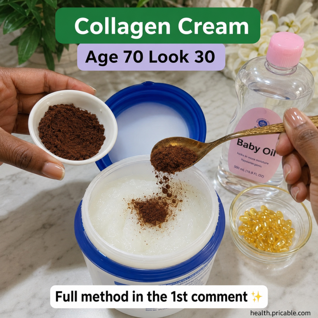 Overhead shot of hands mixing a white cream with a brown powder in a large tub with Johnson s Baby Oil and yellow vitami
