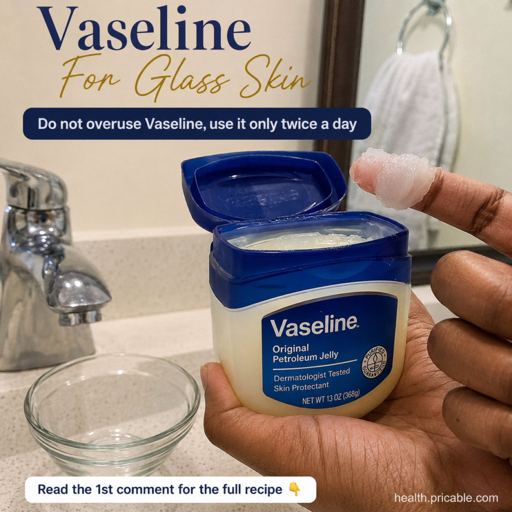 A hand holding a jar of Vaseline over a bathroom sink with a finger showing a dollop of Vaseline next to a small empty g
