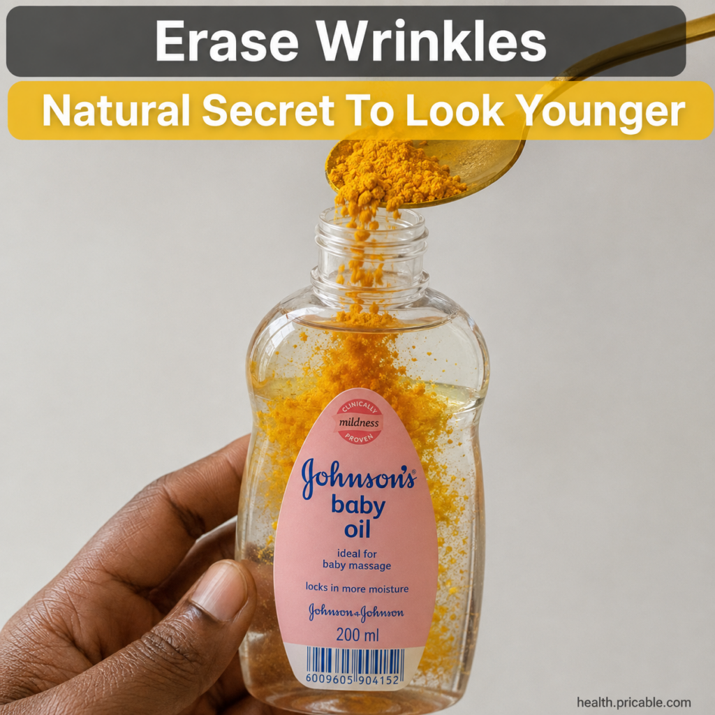 A dark-skinned hand holding a bottle of Johnson s baby oil with a golden spoon pouring bright yellow turmeric powder int