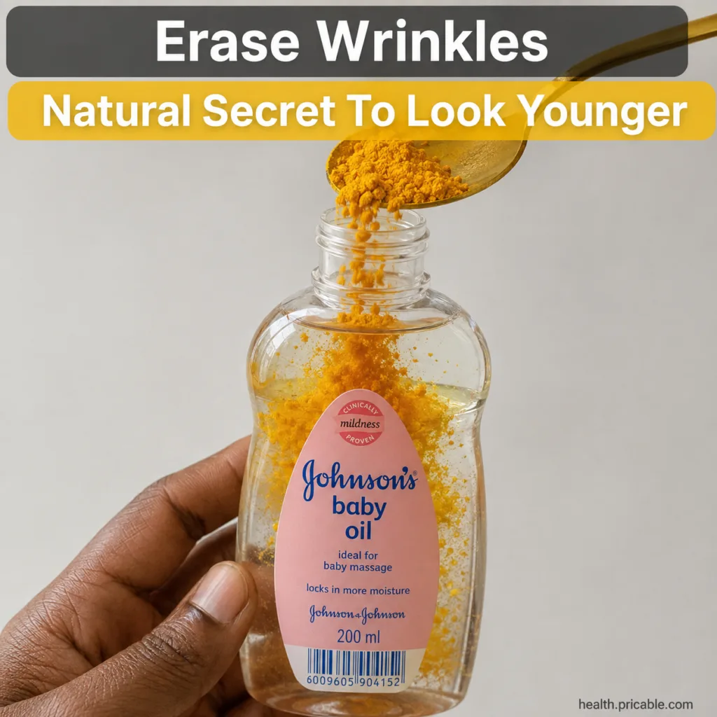 A dark-skinned hand holding a bottle of Johnson s baby oil with a golden spoon pouring bright yellow turmeric powder int