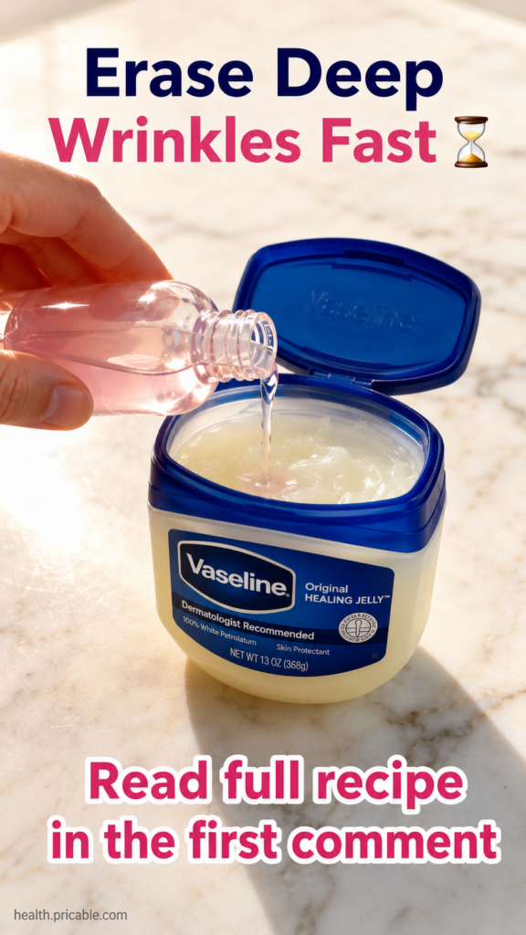 A hand pouring a reddish-pink oil from a small bottle into a tub of Vaseline Original Healing Jelly on a light marble ba