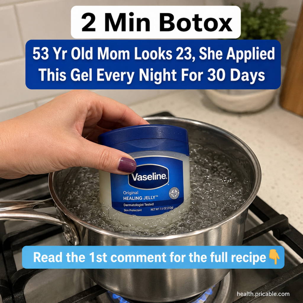 A jar of Vaseline Original Healing Jelly being warmed in a pot of water on a stove with a hand holding it The setting is
